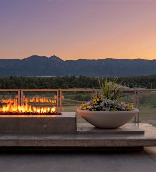 Sunset with a fireplace and plants in front of it