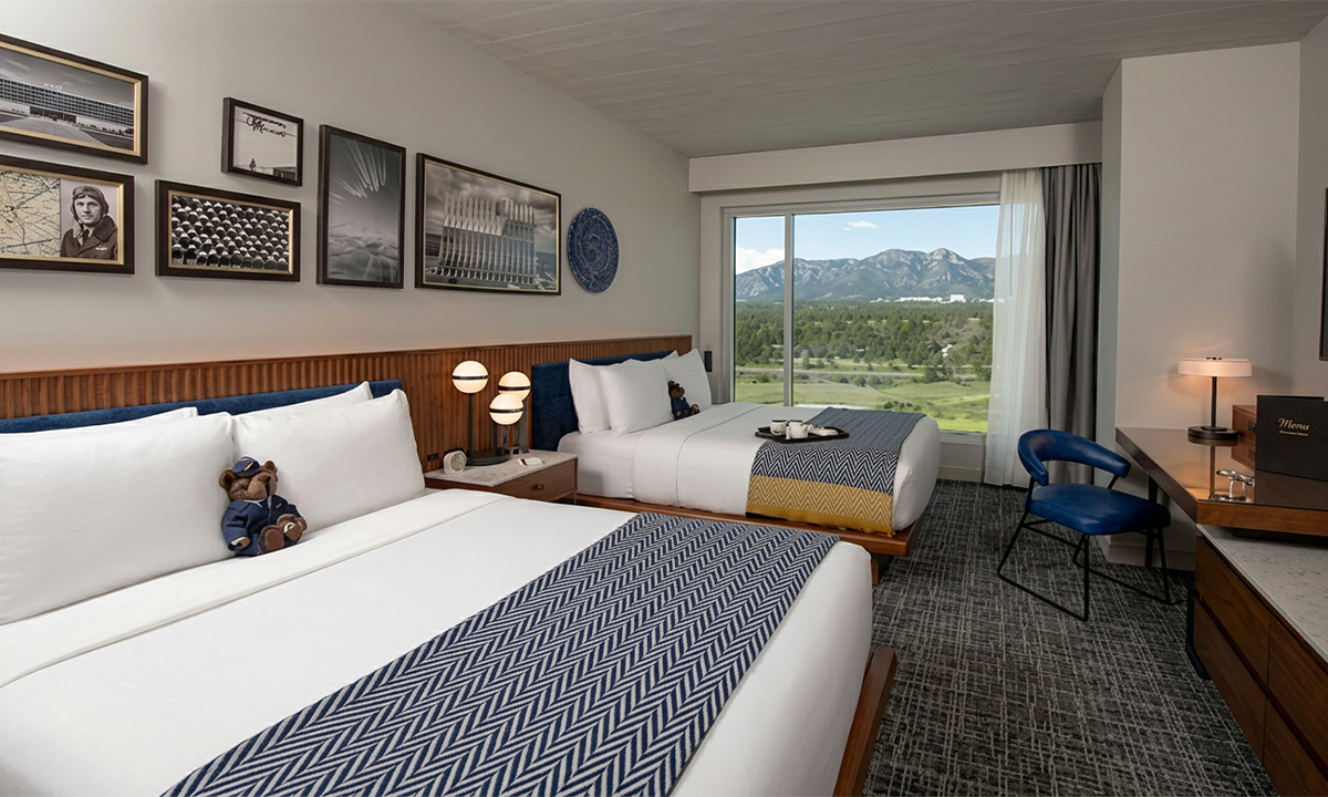 hotel room with two large beds