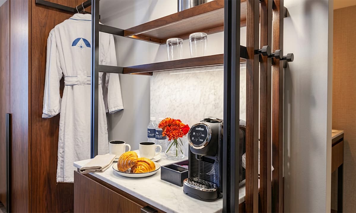 Room view of coffee machine and robes