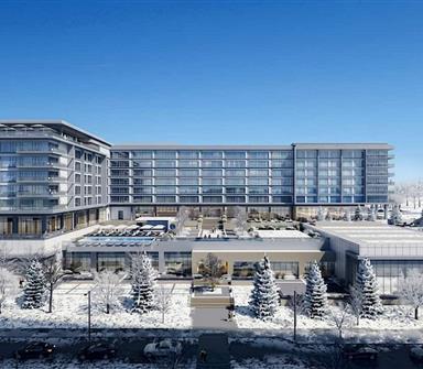 Exterior of hotel on a snowy day