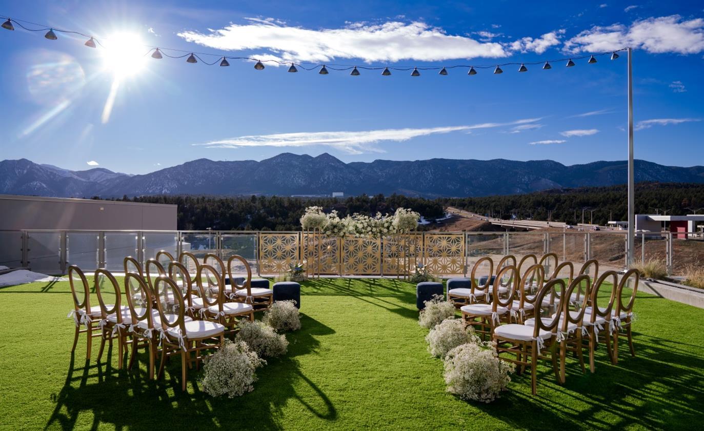 The outdoor terrace being used as a wedding venue